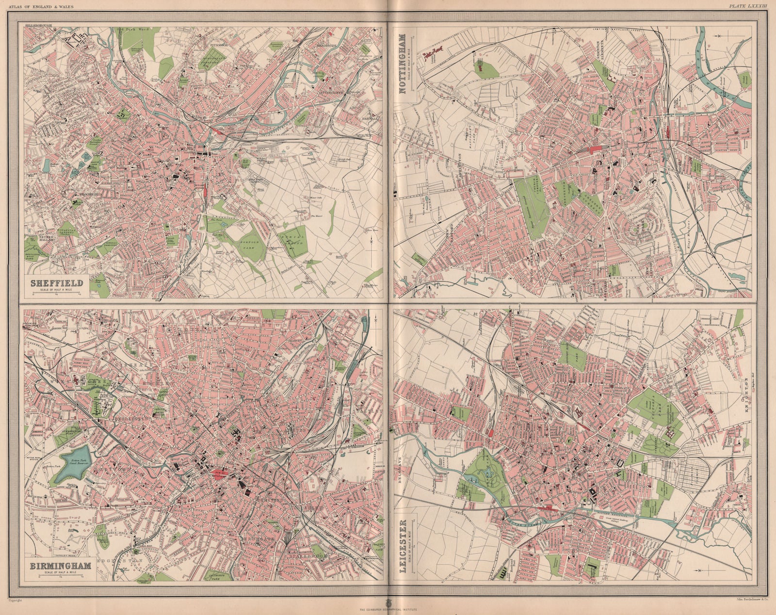 ENGLISH CITIES Plans. Sheffield Nottingham Birmingham Leicester. LARGE 1903 map